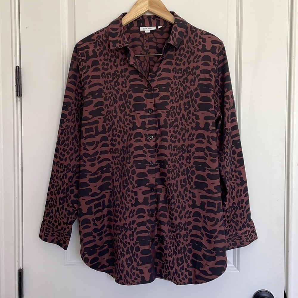 Chico’s Women’s Animal Print Tunic Blouse Brown/Black L (12)